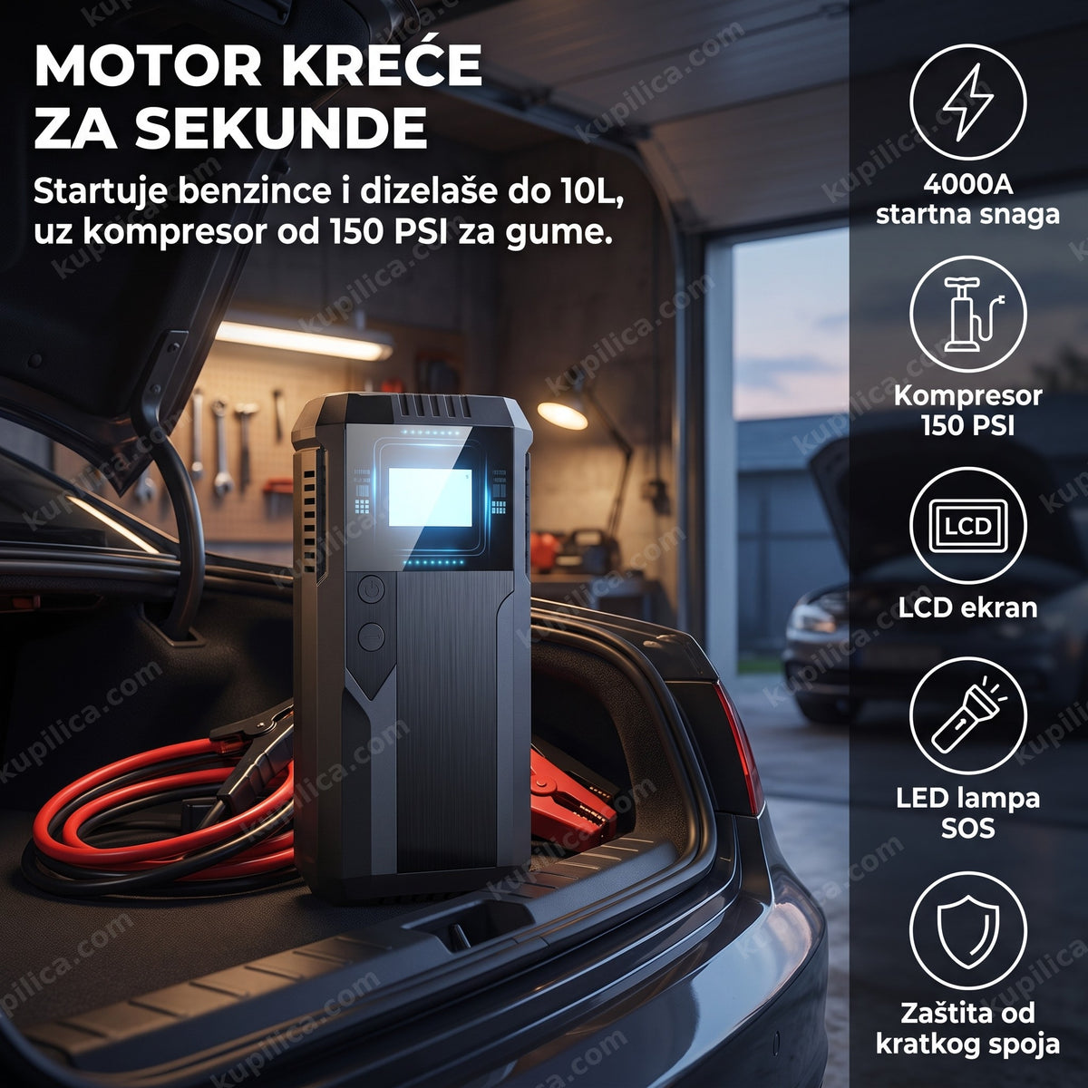 jump starter za auto 4000A sa kompresorom pored otvorenog gepeka vozila