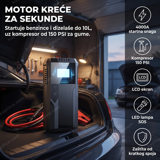 jump starter za auto 4000A sa kompresorom pored otvorenog gepeka vozila