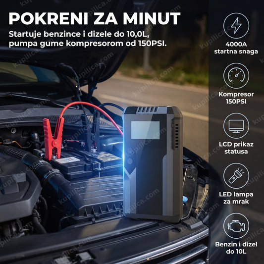 jump starter za auto sa kompresorom 4000A — pokretanje motora pored otvorene haube noću