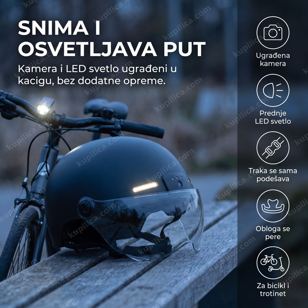 crna kaciga sa ugrađenom kamerom i led svetlom na klupi pored bicikla u sumrak