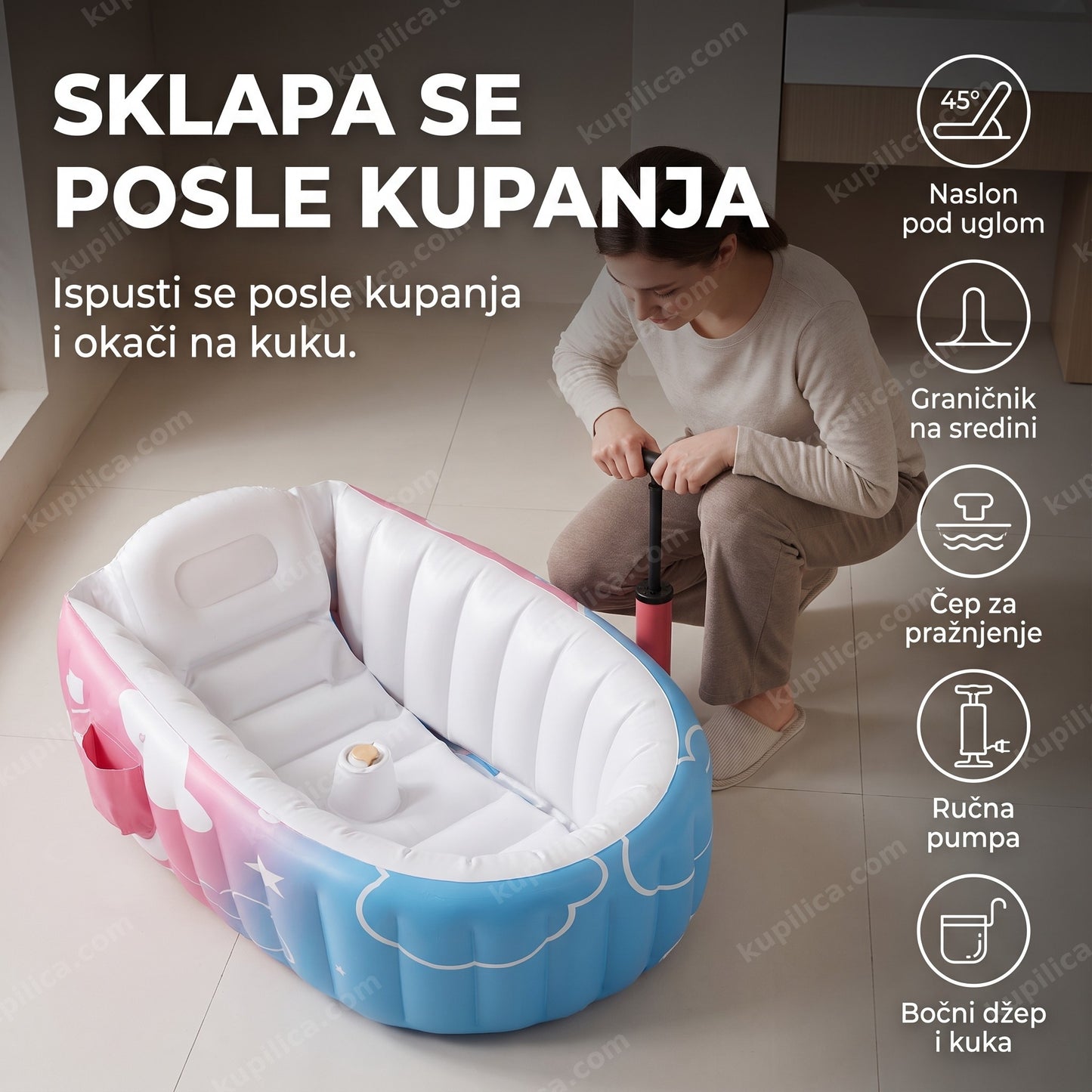 kadica na naduvavanje za bebe — roditelj naduvava mekanu roze i plavu kadicu ručnom pumpom u kupatilu