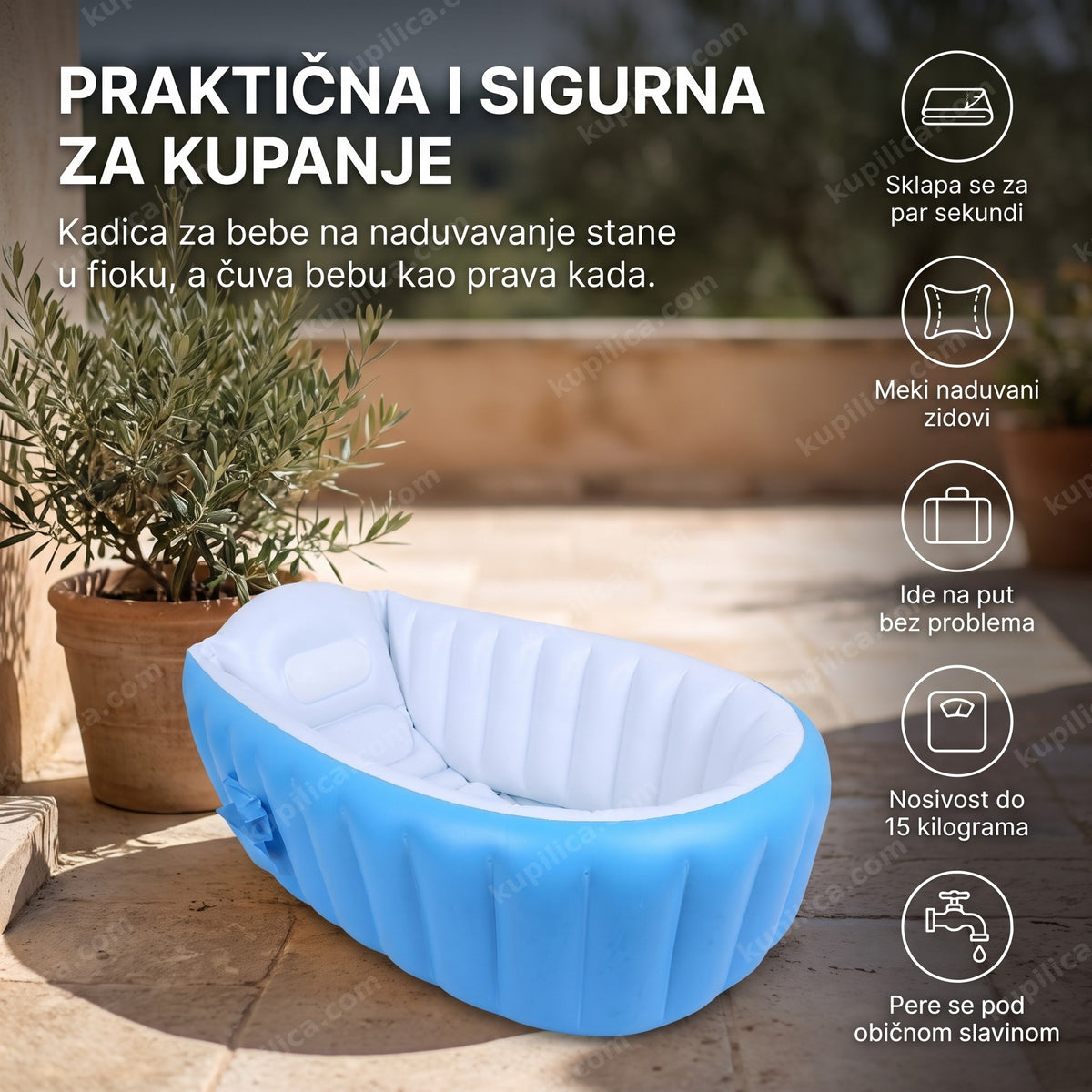 prazna plava kadica za bebe na naduvavanje, postavljena na terasi, benefiti proizvoda