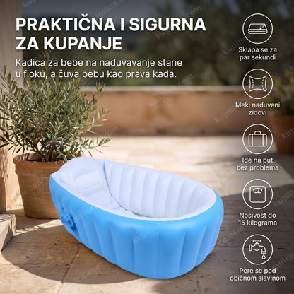 prazna plava kadica za bebe na naduvavanje, postavljena na terasi, benefiti proizvoda
