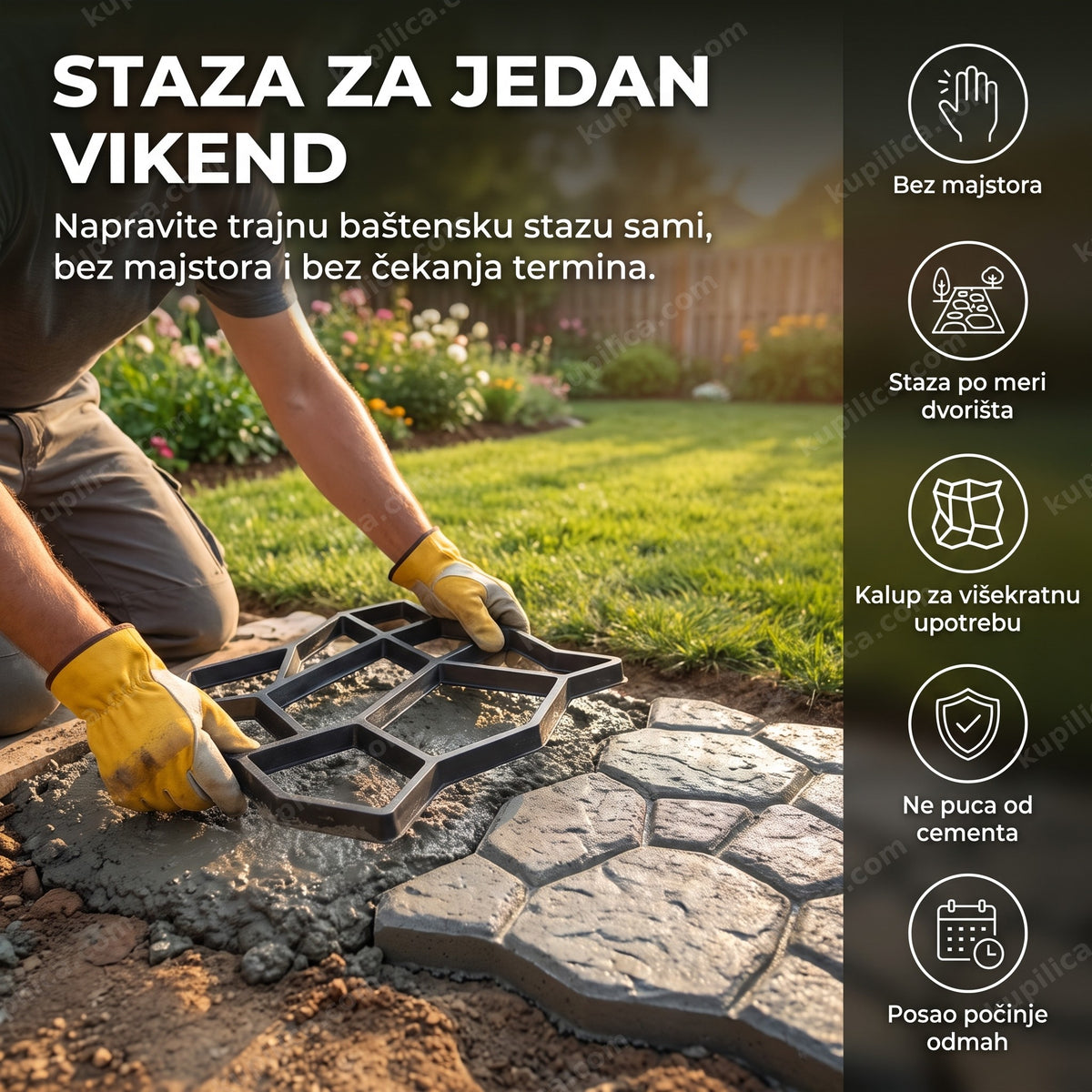 kalup za betonske staze sa svežim betonom u bašti, benefiti proizvoda
