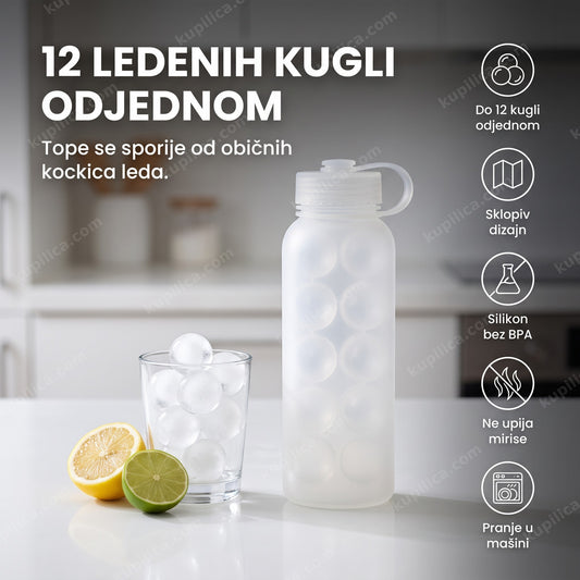 beli silikonski kalup za ledene kugle sa čašom punom leda i limunom