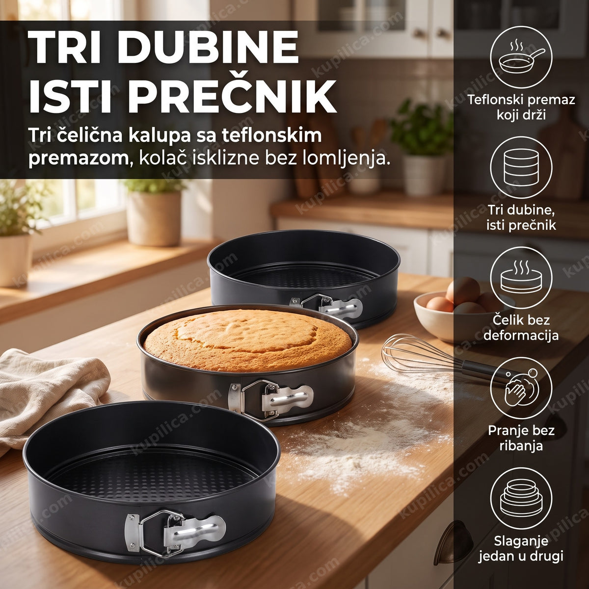 3u1 kalupi za torte različitih dubina na kuhinjskom pultu, benefiti proizvoda