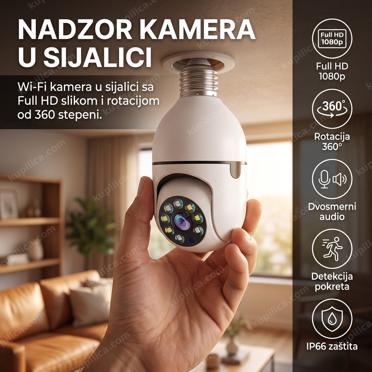 rotirajuća wifi kamera sijalica u enterijeru doma, benefiti proizvoda