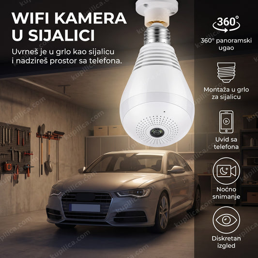 Wifi kamera u sijalici na plafonu garaže sa prikazom benefita