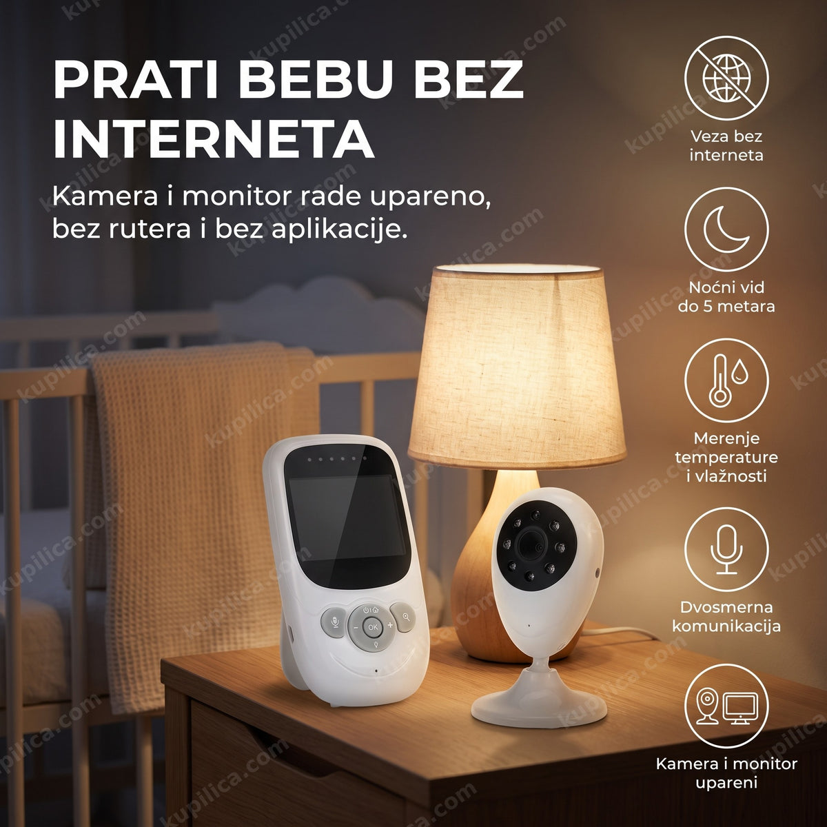 kamera za bebe sa monitorom pored prazne postelje uveče, benefiti proizvoda