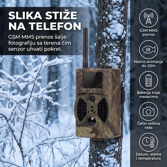 Kamera za lov postavljena na drvo u zimskoj šumi sa snegom, benefiti proizvoda