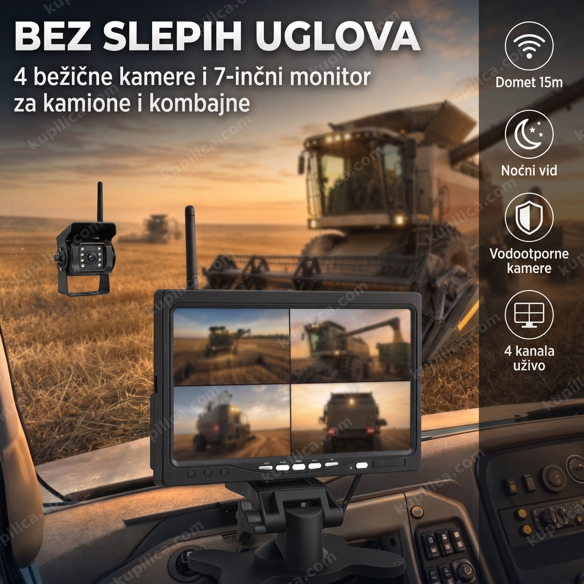 kamere za kombajn — monitor od 7 inča sa četiri bežične kamere u kabini
