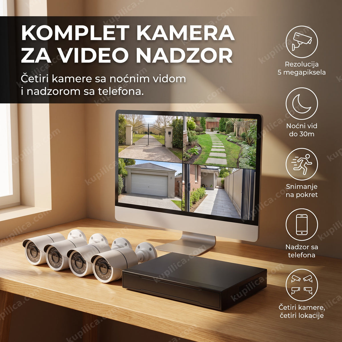 Četiri kamere za video nadzor i DVR uređaj na stolu, benefiti proizvoda