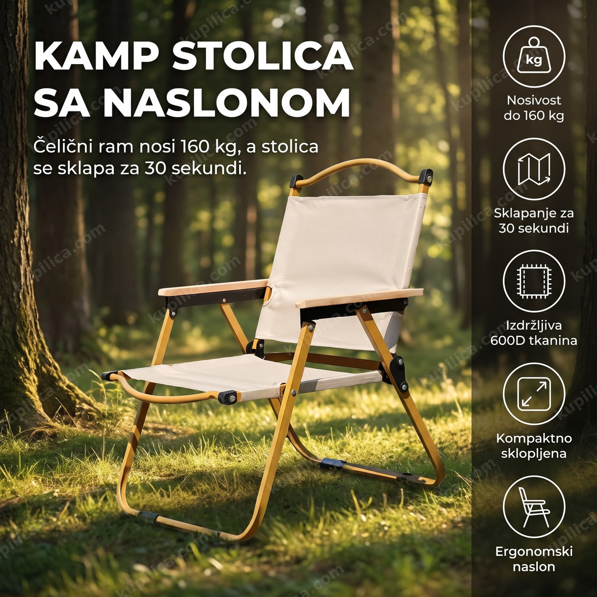 Sklopiva kamp stolica sa naslonom u šumskom proplanku, benefiti proizvoda