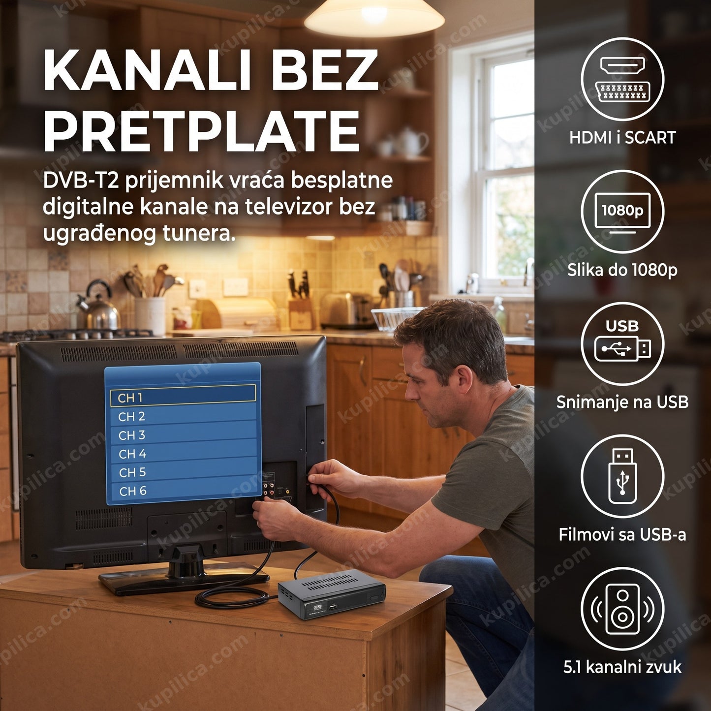 kanali bez pretplate — povezivanje DVB-T2 prijemnika Vi278 na stariji televizor u kuhinji, benefiti proizvoda