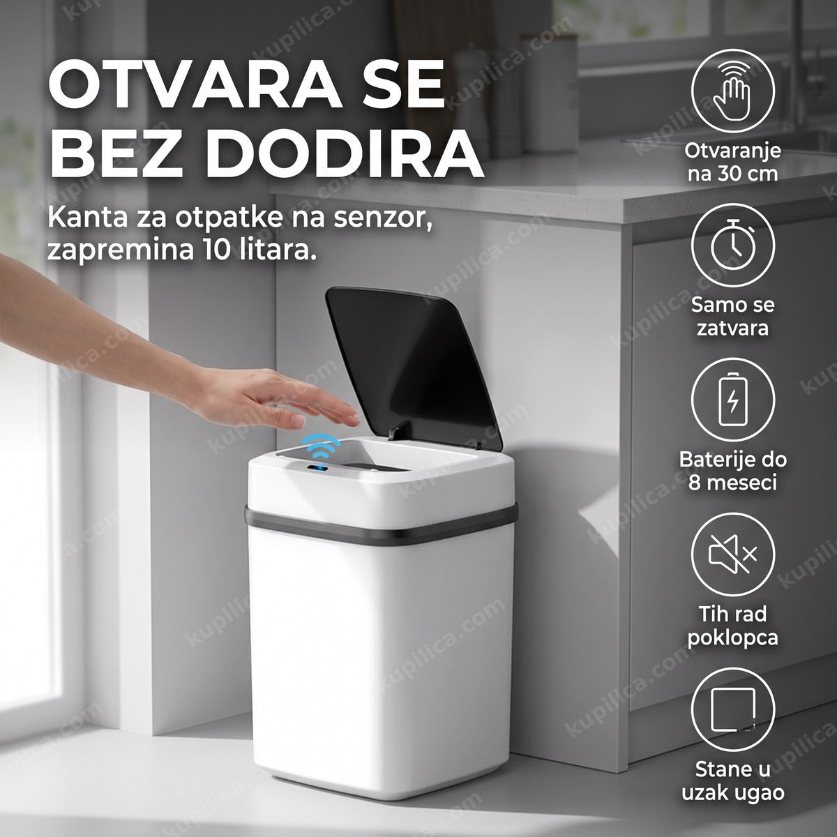 Bela kanta za otpatke na senzor u kuhinji sa otvorenim poklopcem, benefiti proizvoda