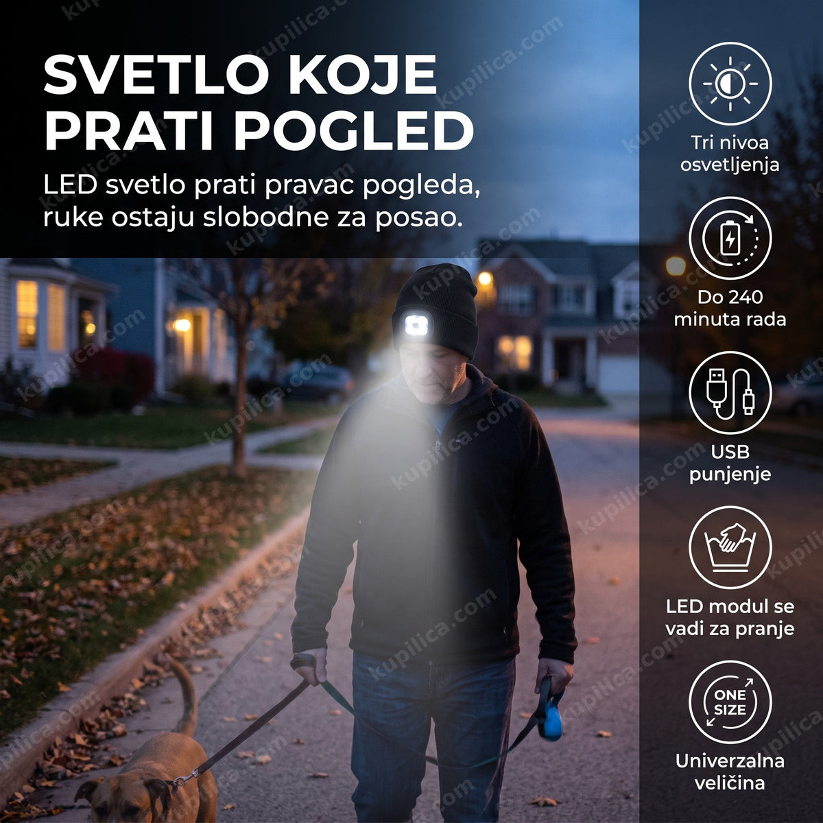 kapa sa led svetlom osvetljava put u večernjoj šetnji, benefiti proizvoda