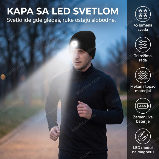 Osoba u večernjoj šetnji nosi crnu kapu sa LED svetlom, benefiti proizvoda
