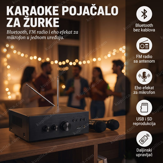 karaoke pojačalo sa dva mikrofona na polici tokom kućne žurke, benefiti proizvoda