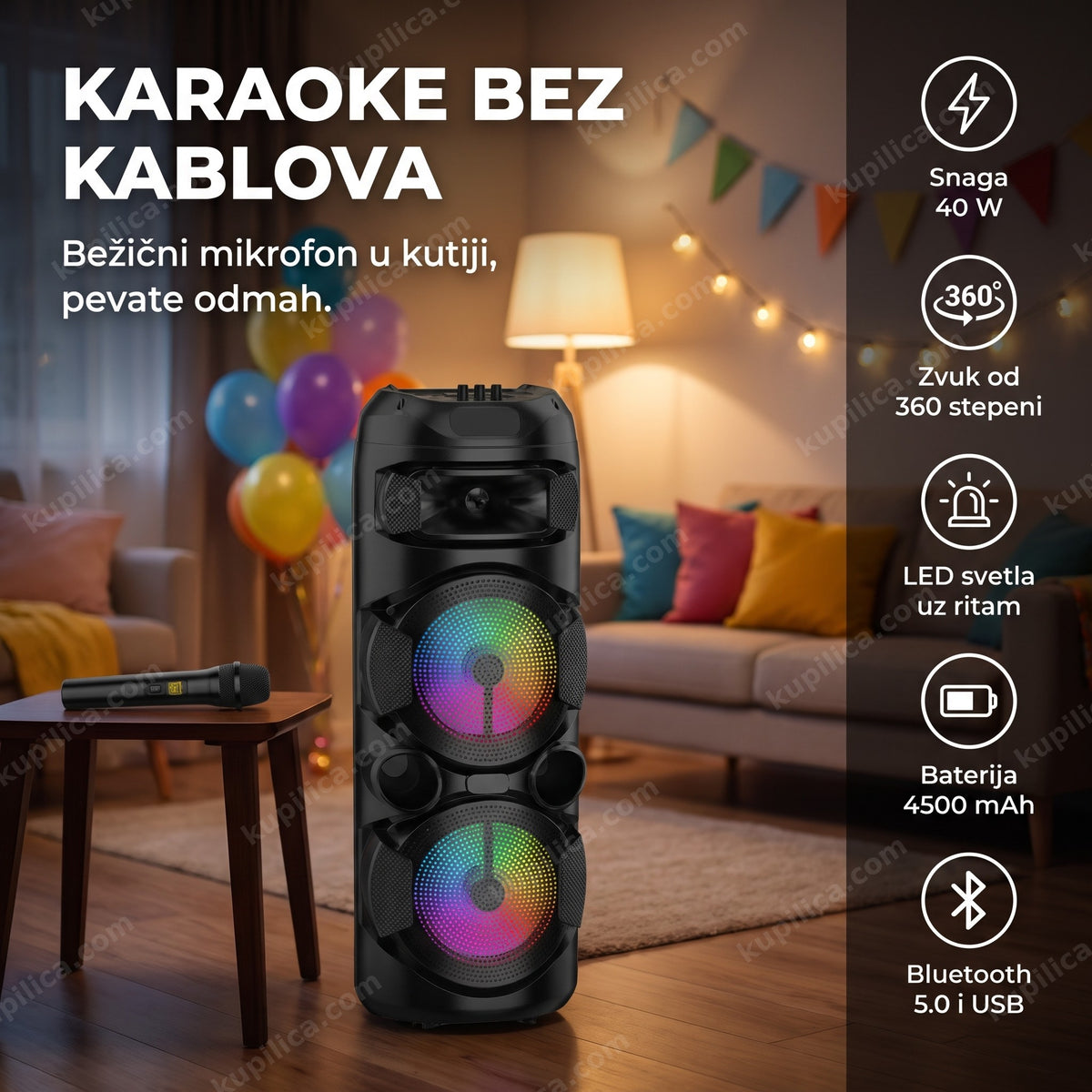 karaoke zvučnik sa bežičnim mikrofonom i šarenim LED svetlima u dnevnoj sobi
