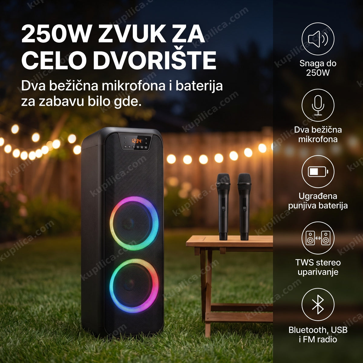 crni karaoke zvučnik sa RGB osvetljenjem i dva bežična mikrofona u dvorištu noću