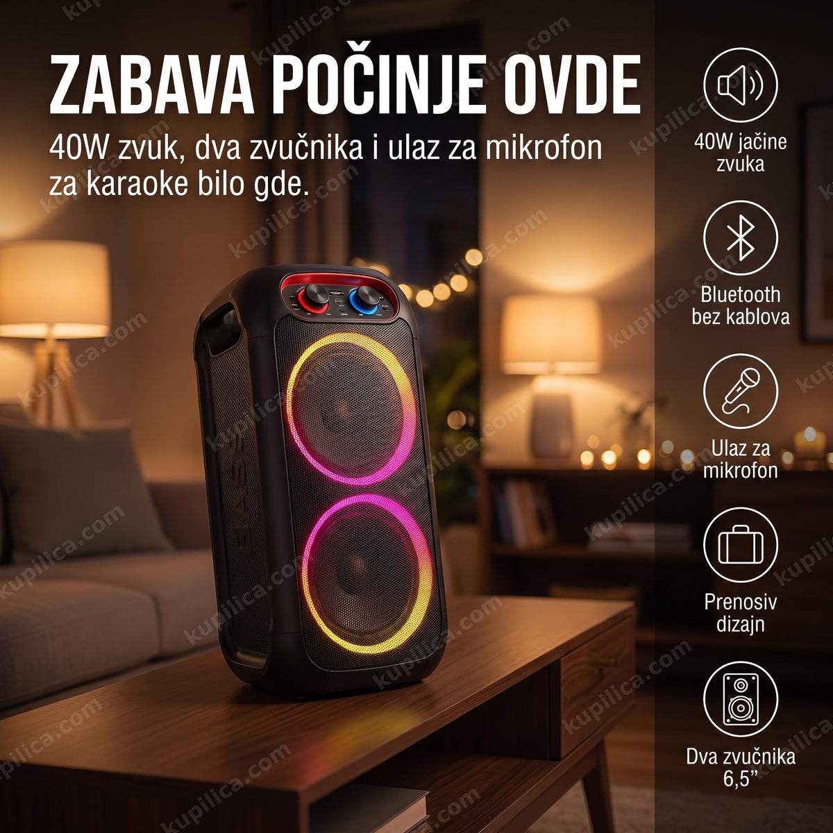karaoke zvučnik ZQS-L17 — crni prenosivi bluetooth zvučnik sa osvetljenim zvučnicima u dnevnoj sobi
