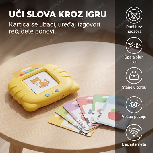 žute kartice pametnice za decu sa slikovnim karticama i uređajem za učenje slova na stolu