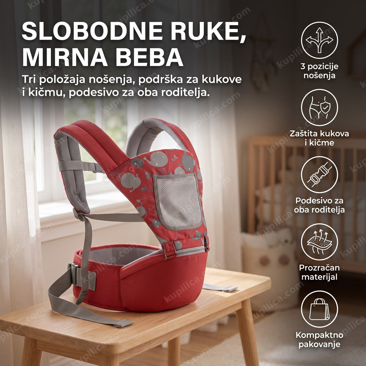 kengur nosiljka za bebe 3 u 1 crvena u dečijoj sobi