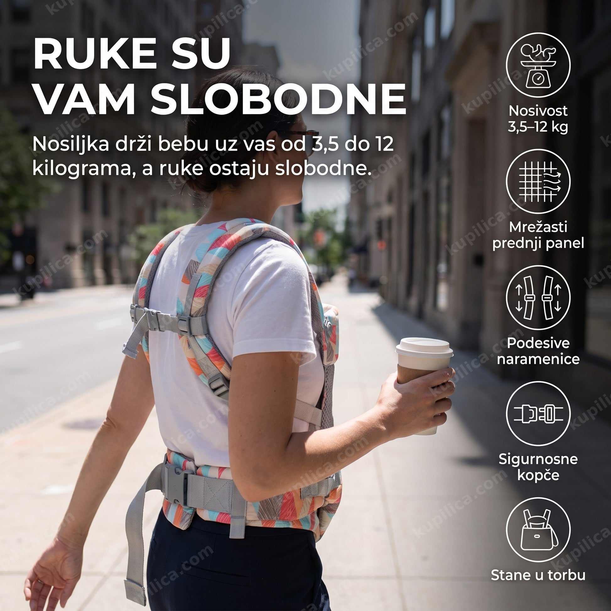 Roditelj šeta napolju sa detetom u ergonomskoj kengur nosiljci, ruke su mu slobodne