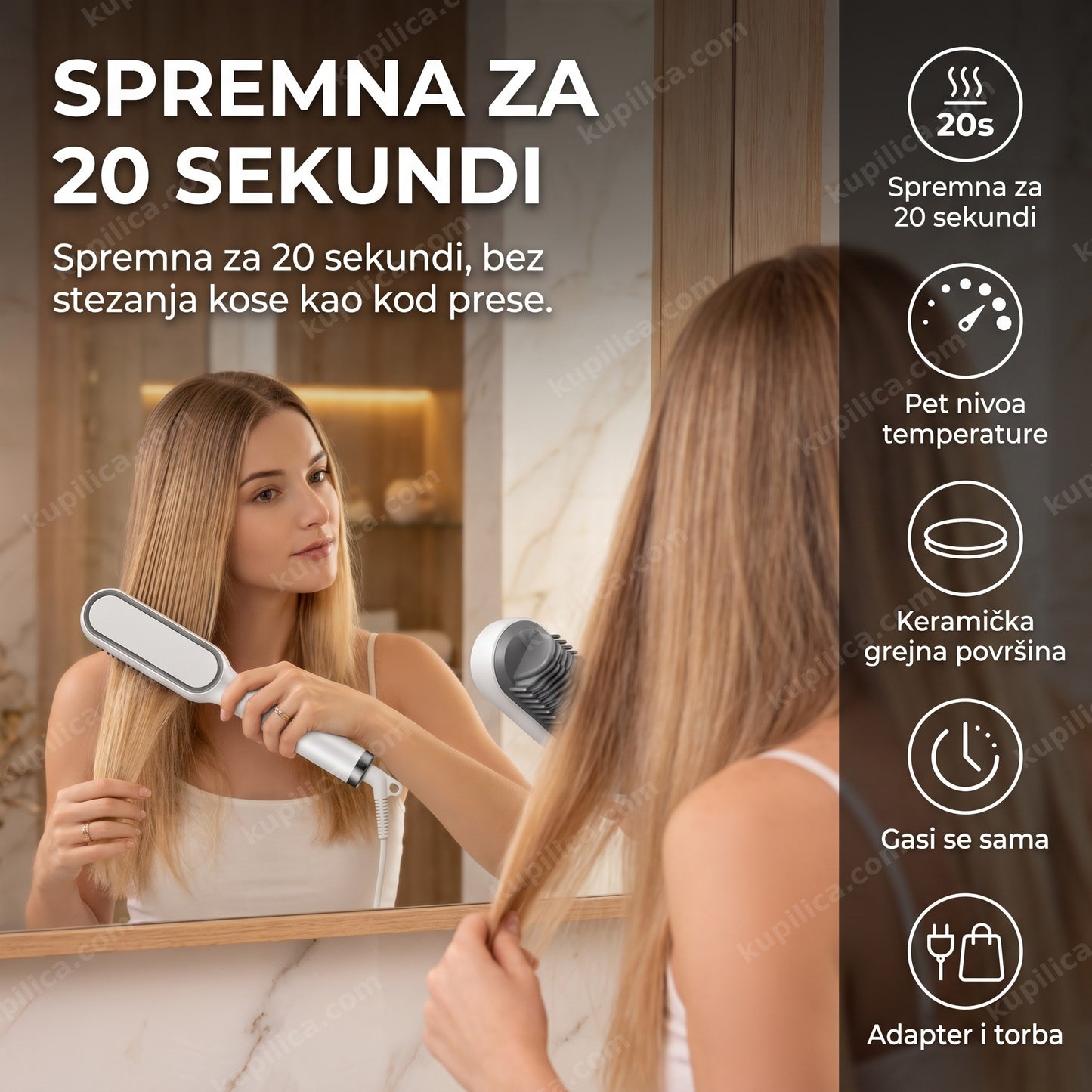keramička četka za ispravljanje kose — žena ispravlja kosu keramičkom četkom ispred ogledala u kupatilu