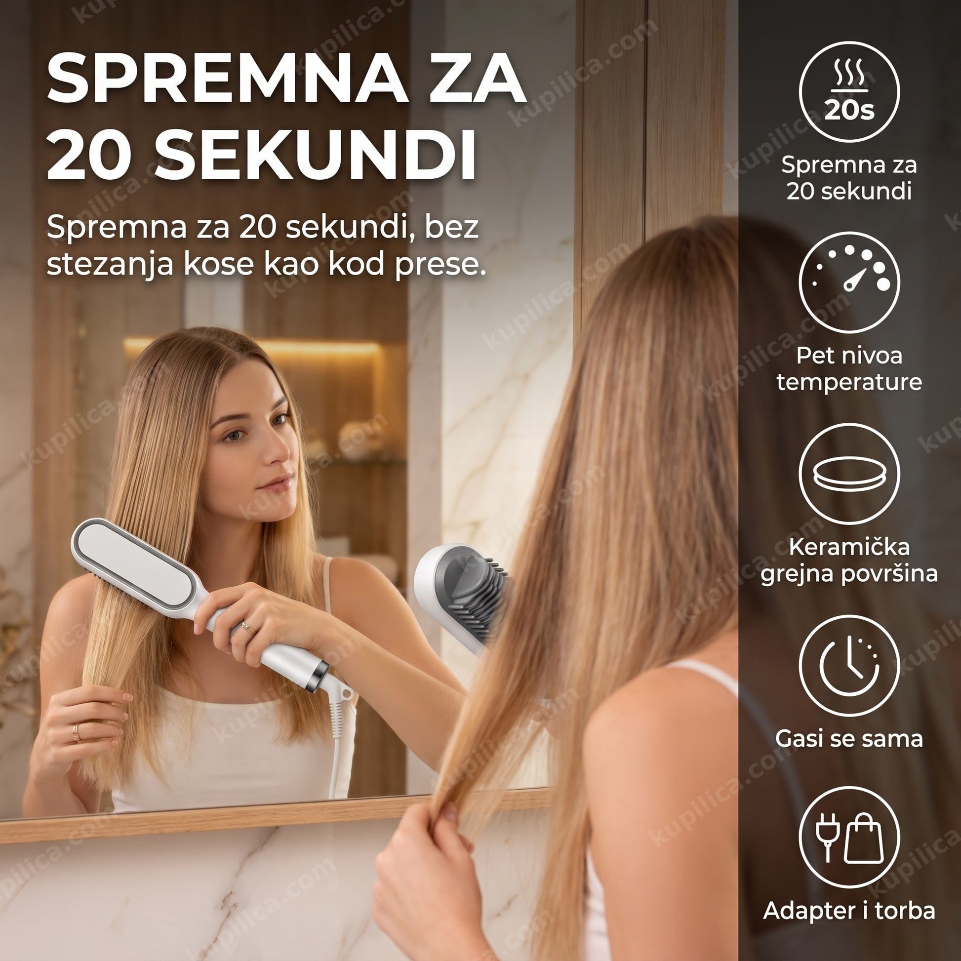 keramička četka za ispravljanje kose — žena ispravlja kosu keramičkom četkom ispred ogledala u kupatilu