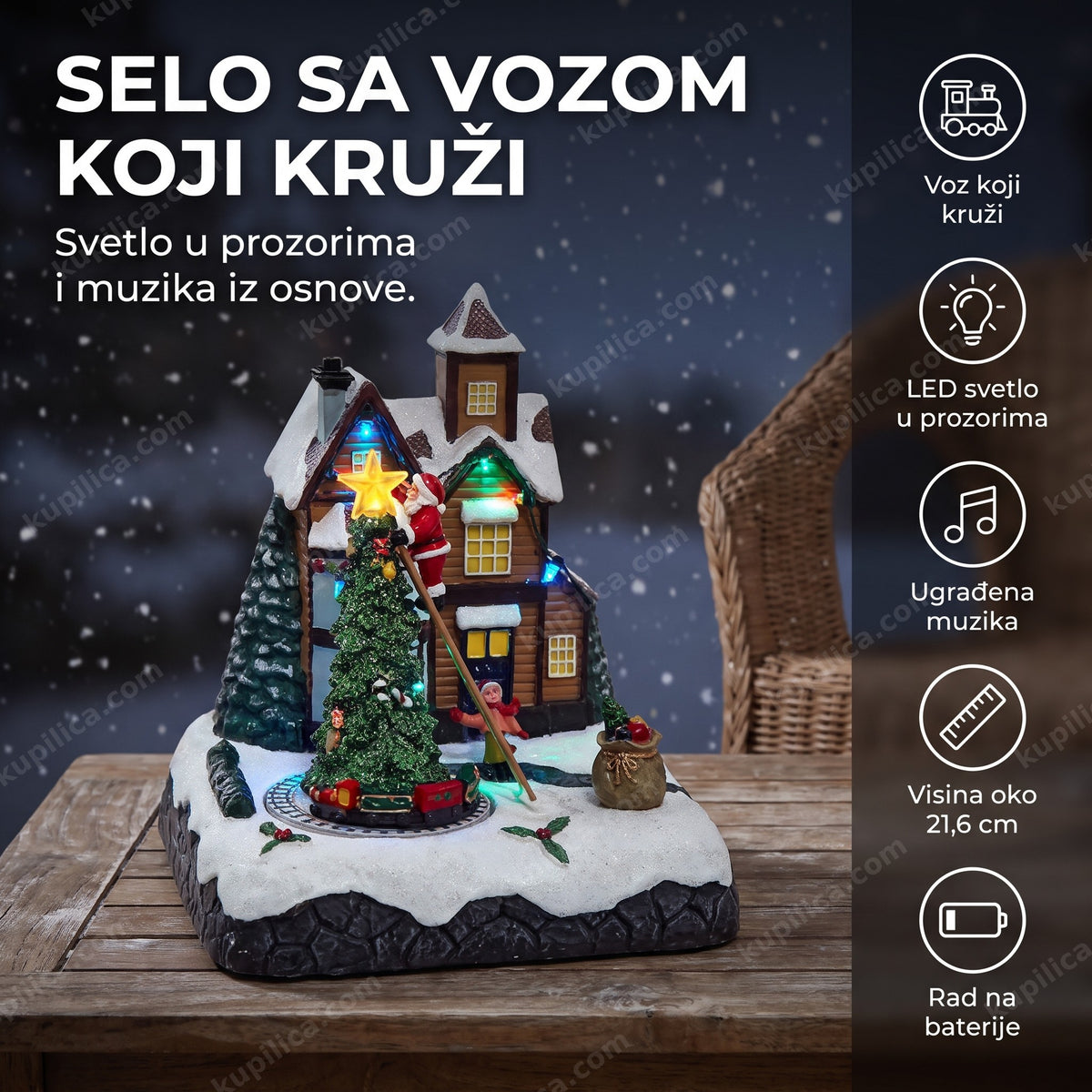 novogodišnje keramičko selo sa vozom na stolu zastakljene verande sa lampicama