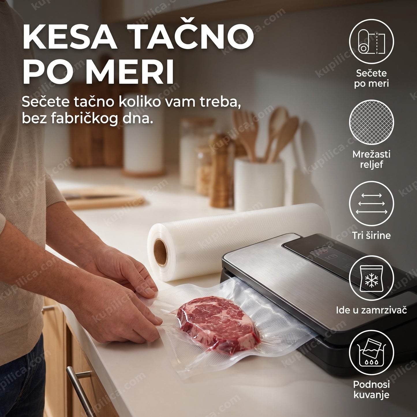 kese za vakumiranje rolna — muškarac vakumira meso u kesi isečenoj po meri iz rolne u kuhinji