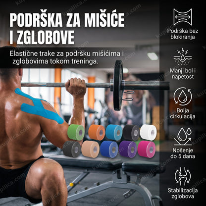 Plava kinesio tape traka nalepljena na rame u teretani, benefiti proizvoda