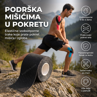 Kinesio trake za sport i rehabilitaciju nalepljene na rame sportiste u pokretu, benefiti proizvoda