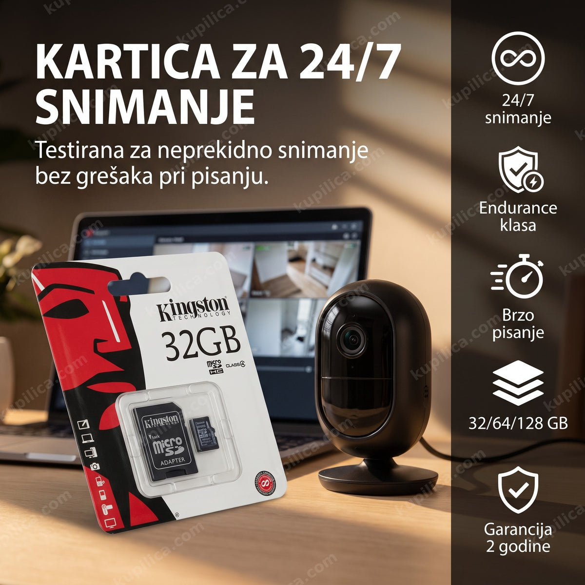 kingston sd kartica za nadzorne kamere pored wifi kamere na stolu, prikaz benefita proizvoda