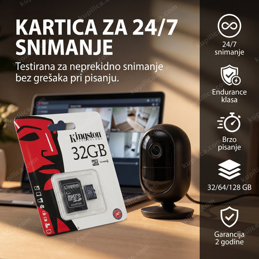 kingston sd kartica za nadzorne kamere pored wifi kamere na stolu, prikaz benefita proizvoda