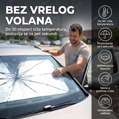kišobran za šoferšajbnu automobila — vozač postavlja reflektujući suncobran iznutra na vetrobransko staklo automobila