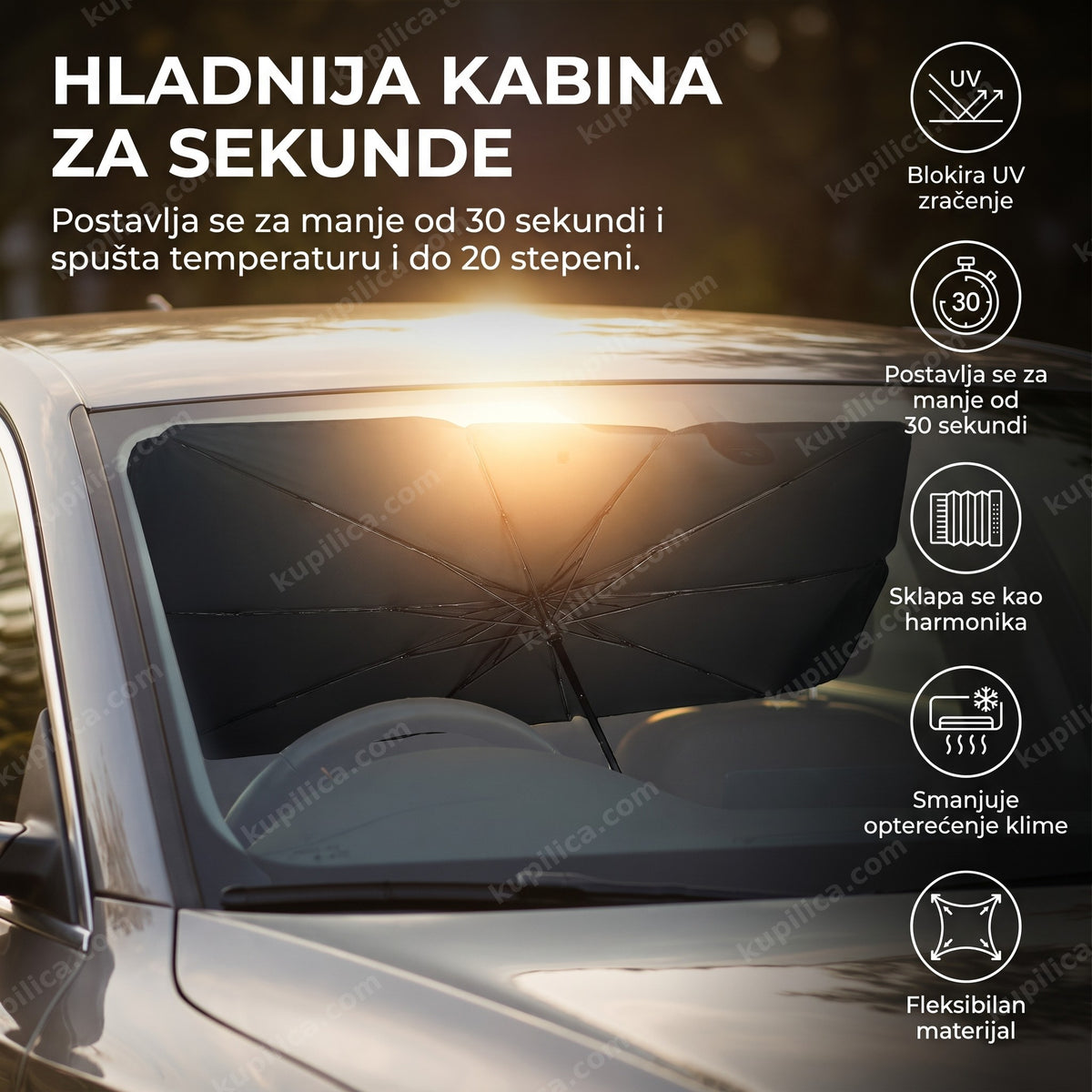 Kišobran za šoferšajbnu automobila postavljen na vetrobransko staklo na suncu — benefiti proizvoda