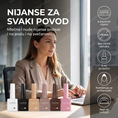 klasičan gel lak set za posao — žena u poslovnom okruženju pokazuje neutralan manikir, benefiti proizvoda