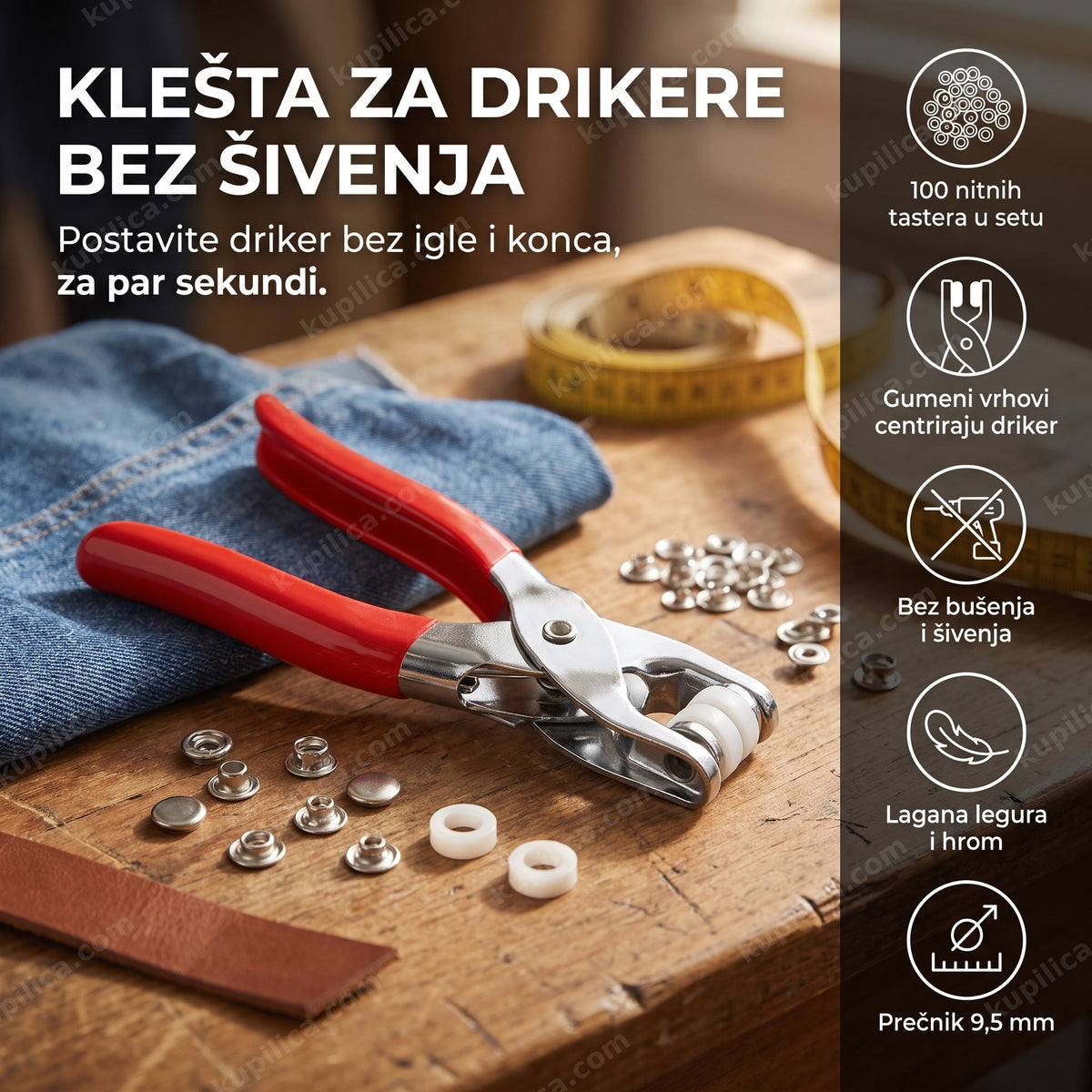 Crvena klešta za drikere sa nitnama na radnom stolu, benefiti proizvoda