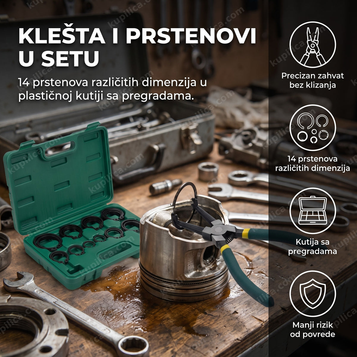 klešta za klipne prstenove pored kutije sa prstenovima u radionici, benefiti proizvoda