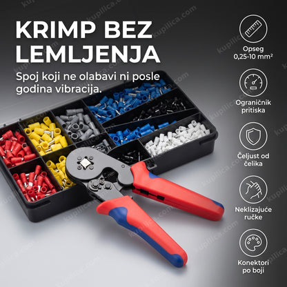 klešta za krimpovanje sa izolovanim konektorima pored organizovane kutije boja