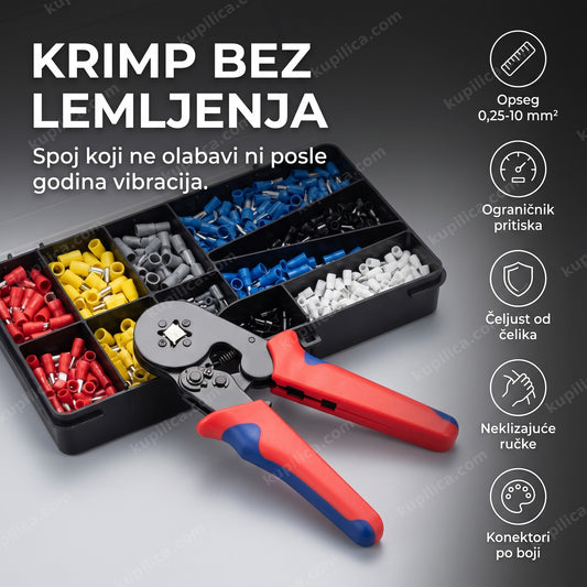 klešta za krimpovanje sa izolovanim konektorima pored organizovane kutije boja
