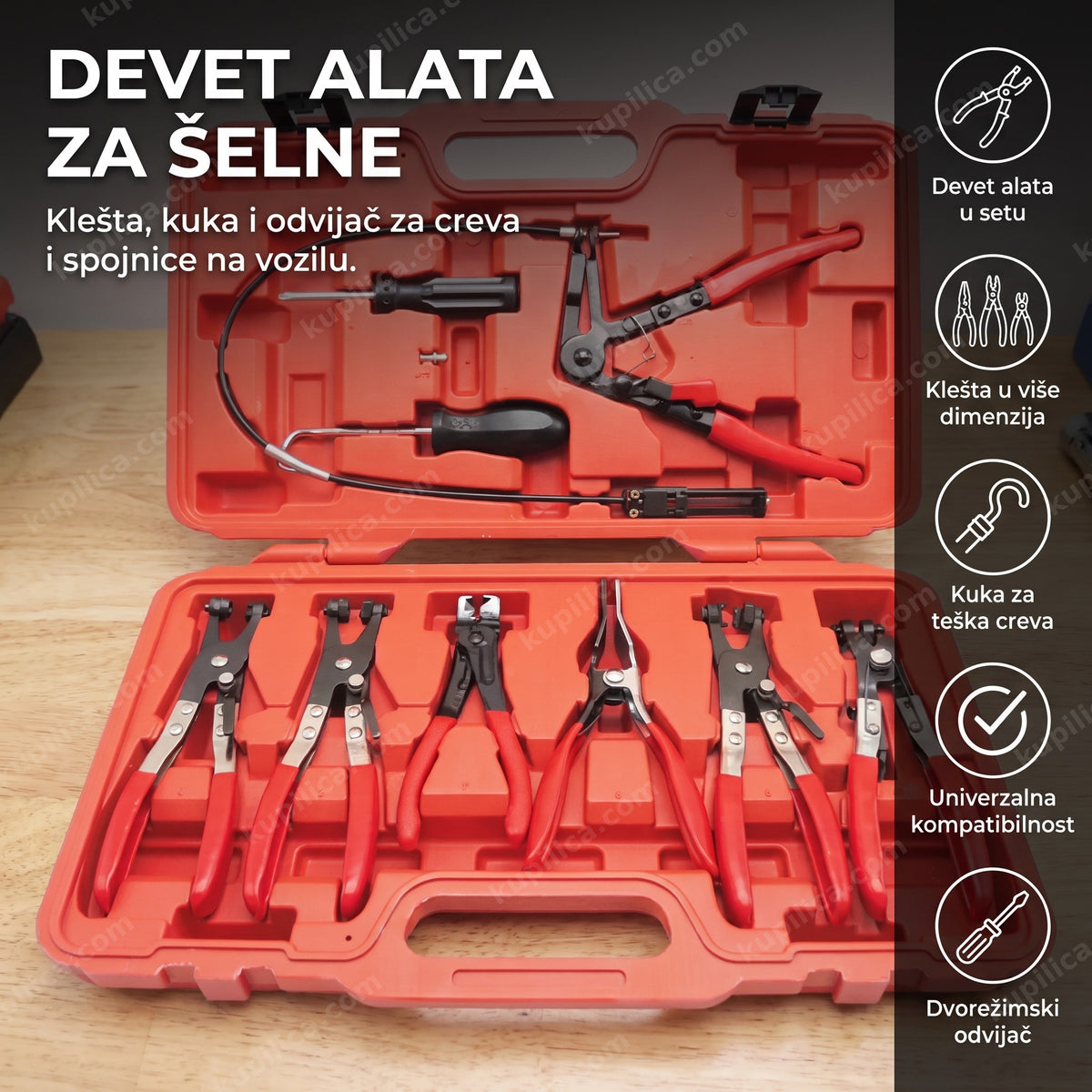 otvoren kofer sa devet alata i kleštima za šelne na vozilu