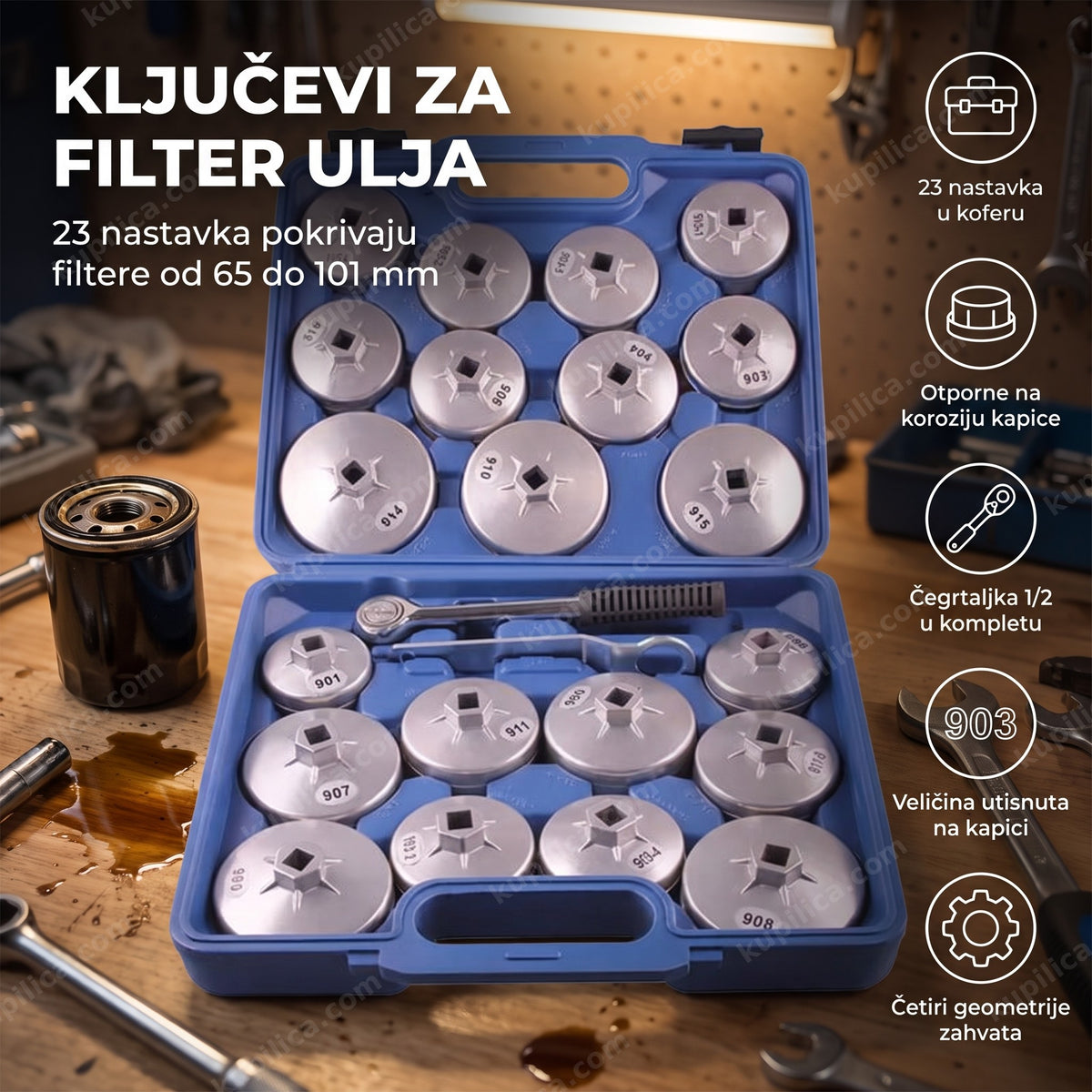 Otvoren kofer sa aluminijumskim ključevima za filter ulja i čegrtaljkom, prikaz benefita proizvoda