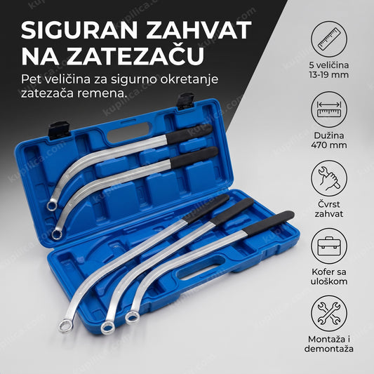 set od pet ključeva za zatezač remena pored otvorenog kofera