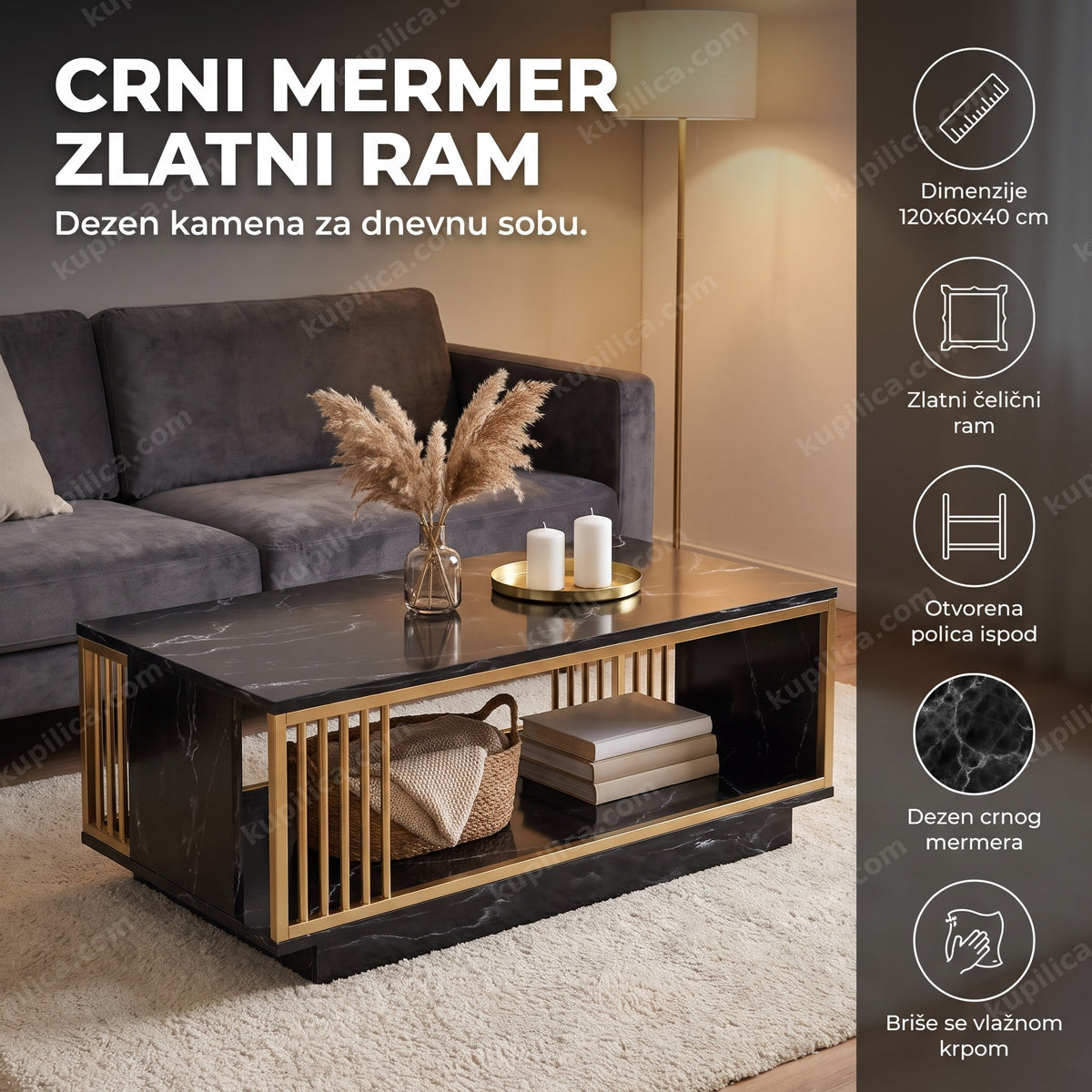 klub sto crni mermer sa zlatnim ramom ispred sive sofe u dnevnoj sobi