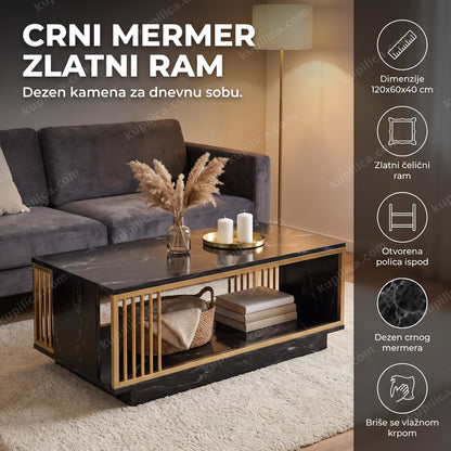 klub sto crni mermer sa zlatnim ramom ispred sive sofe u dnevnoj sobi