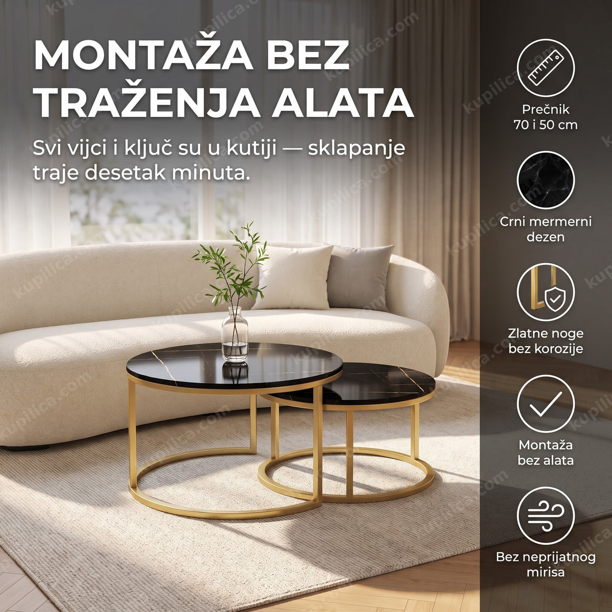 dva okrugla klub stola crni mermer i zlatne noge u kutku uz prozor