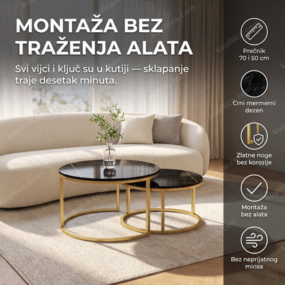 dva okrugla klub stola crni mermer i zlatne noge u kutku uz prozor